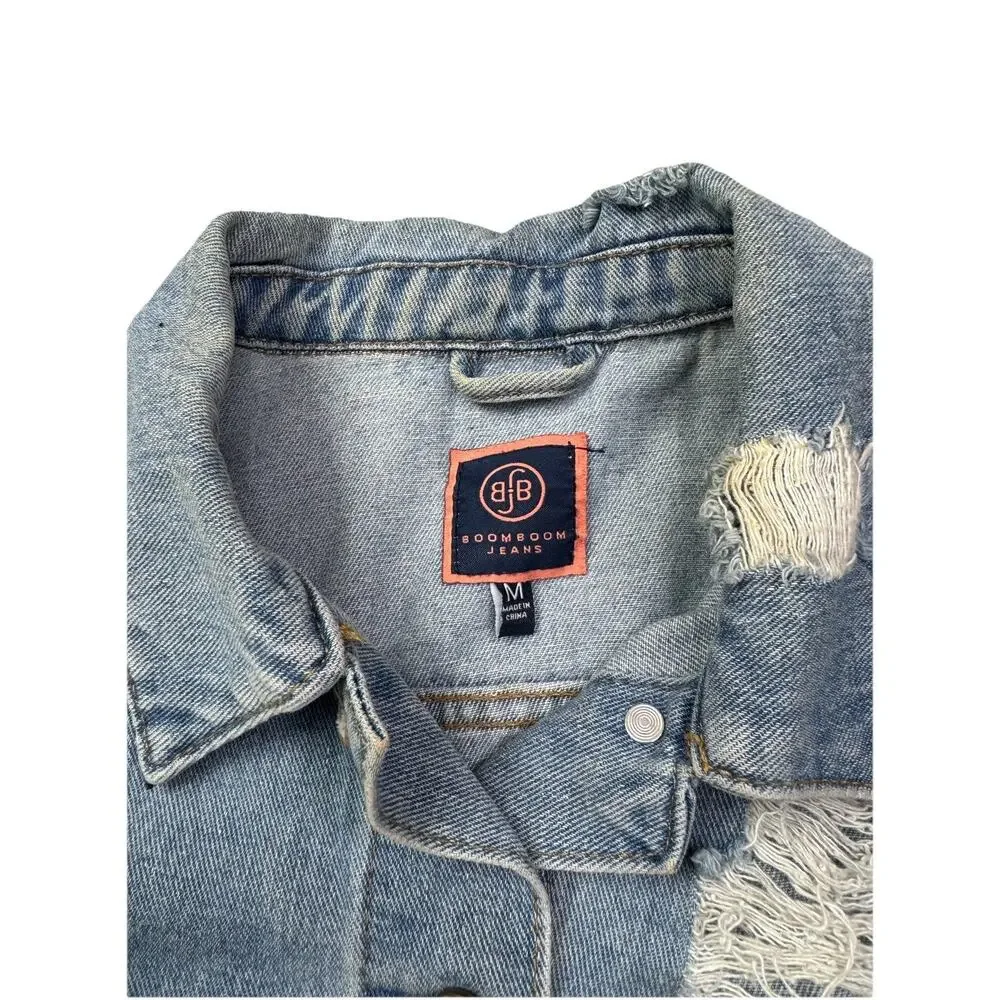 Boom Boom Jean Denim Jacket Distressed Size Medium‎ Western Rodeo Boho oversized